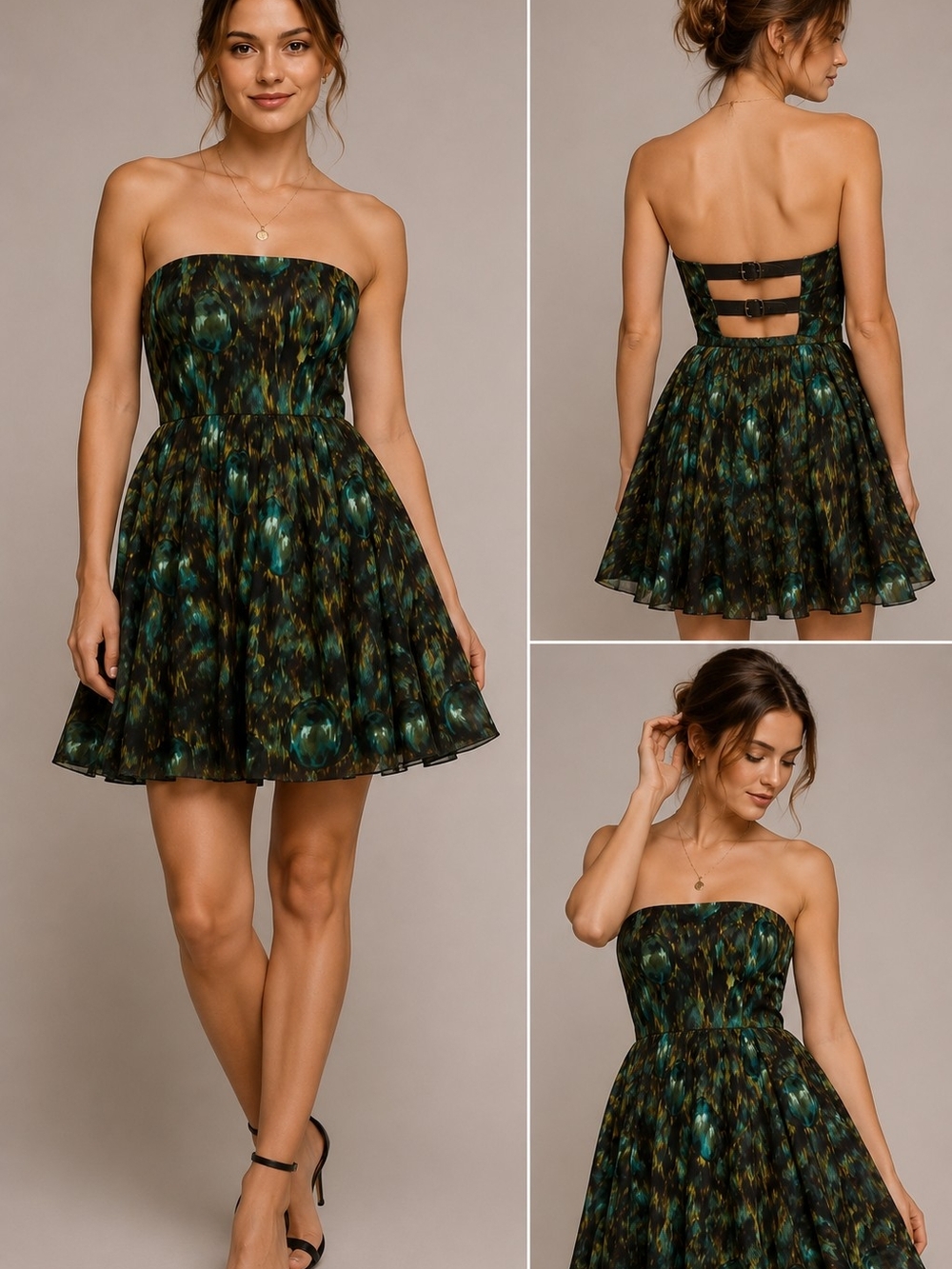 Alice + Olivia Silk Strapless Green Abstract Print Mini Dress Sz 4